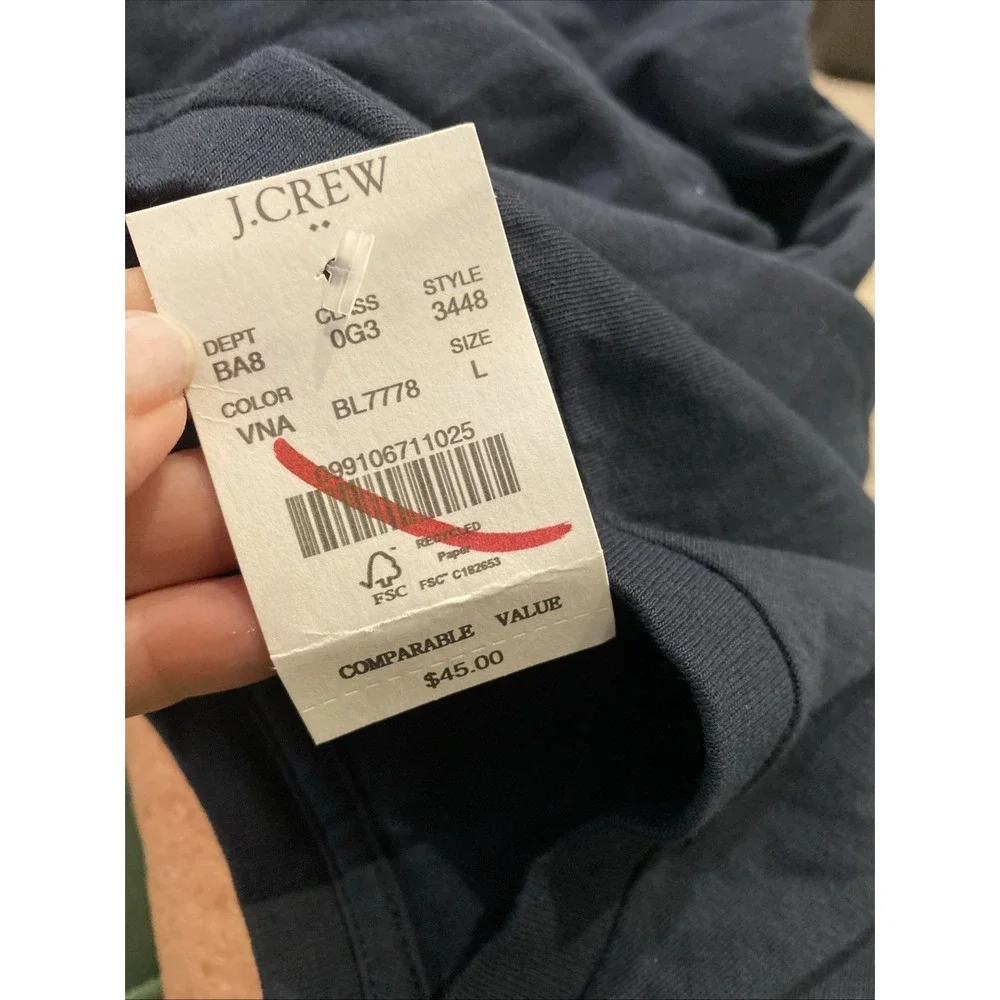 J Crew Mens Long Sleeve Washed Jersey Tee~Size L~Vintage Navy Cotton NWT